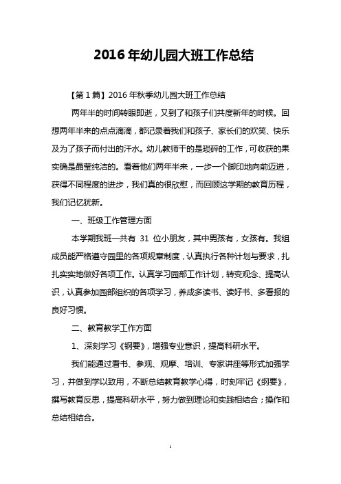 2016年幼儿园大班工作总结
