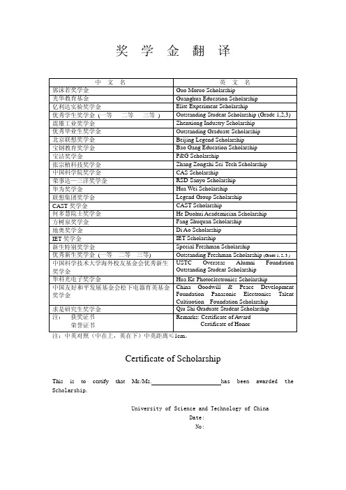 各种奖学金的英文翻译