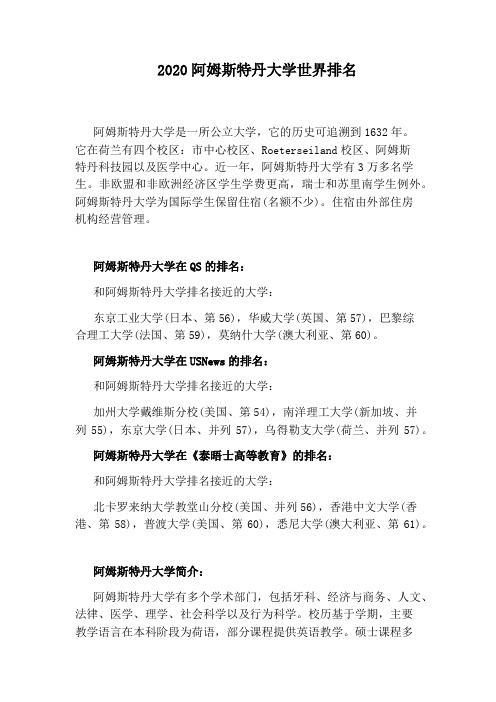 2020阿姆斯特丹大学世界排名