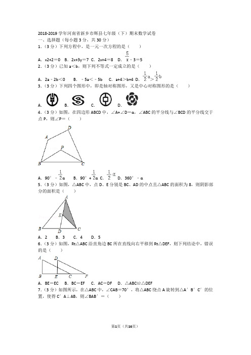 2018-2019学年河南省新乡市辉县七年级(下)期末数学试卷