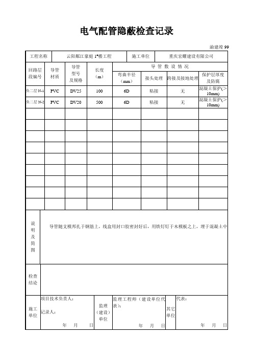 2电线配管隐蔽检查记录表(电气 照明)渝建竣99