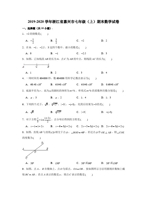 2019-2020学年浙江省嘉兴市七年级(上)期末数学试卷 (含解析)