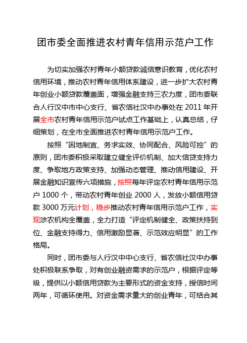 团汉中市委全面推进农村青年信用示范户工作