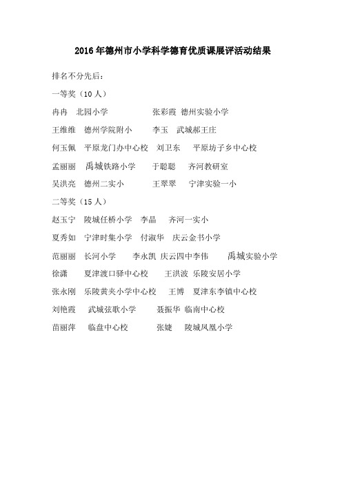 2016年德州小学科学德育优质课展评活动结果