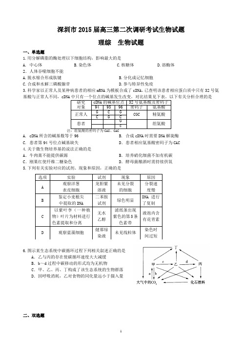 深圳市2015届高三第二次调研考试理综试题