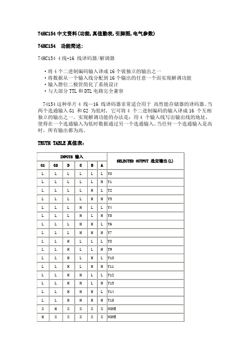 74HC154中文资料(功能,真值勤表,引脚图,电气参数)