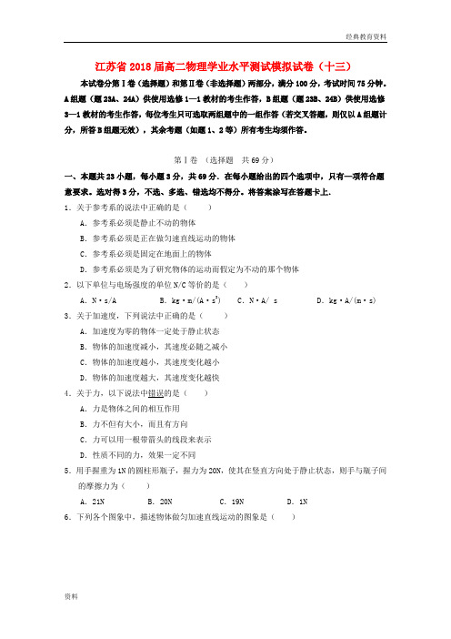 江苏省2018_2019学年高二物理学业水平测试模拟试题十三201809270198