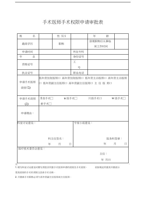 手术权限申请审批表及手术资质授权书