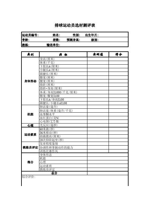排球运动员选材测评表