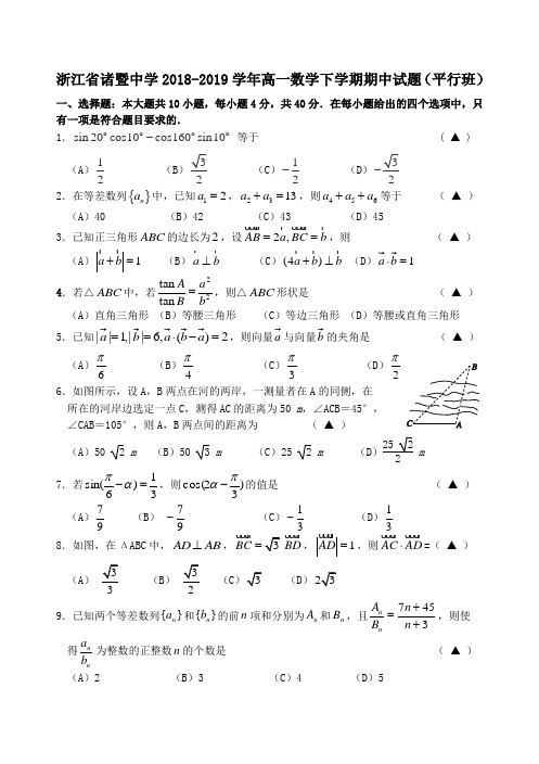 浙江省诸暨中学2018_2019学年高一数学下学期期中试题(平行班)(含答案)