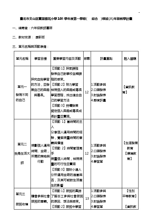 台北市实践国民小学九十二学年度各科教学活动计画