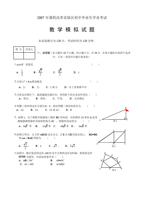 2007年课改实验区初中毕业生学业考试数学模拟试题及答案-