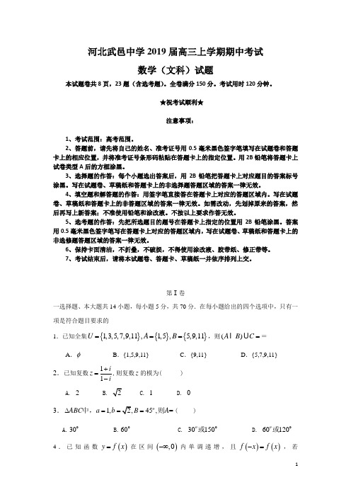 河北省武邑中学2019届高三上学期期中考试数学(文)试题