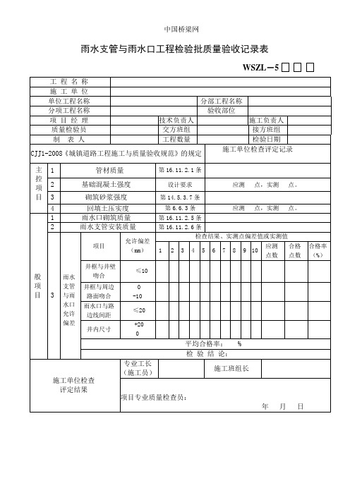 雨水支管与雨水口工程检验批质量验收记录表