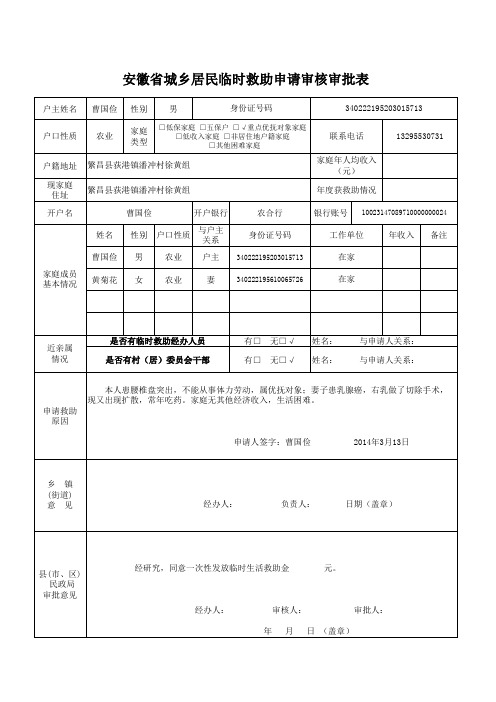 安徽省临时救助申请审批表(2张)