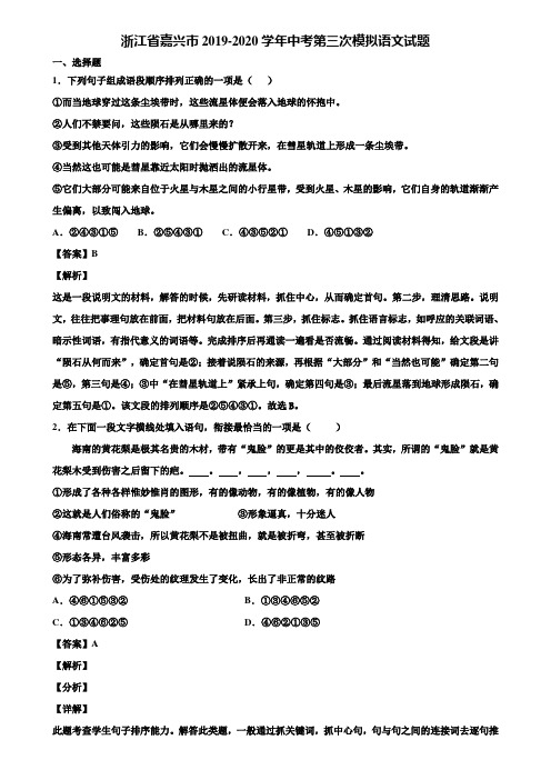 浙江省嘉兴市2019-2020学年中考第三次模拟语文试题含解析