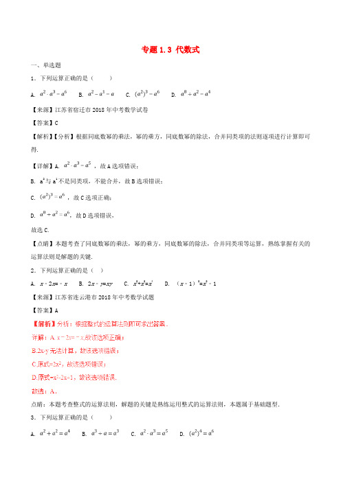2018年中考数学试题分项版解析汇编(第01期)专题1.3 代数式(含解析)