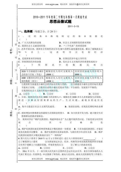 2010-2011学年度第二学期九年级第一次摸底考试