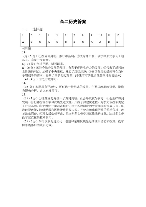 高二历史2015-2016下期中考试答案