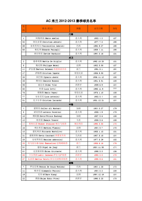 AC米兰2012-2013赛季球员名单