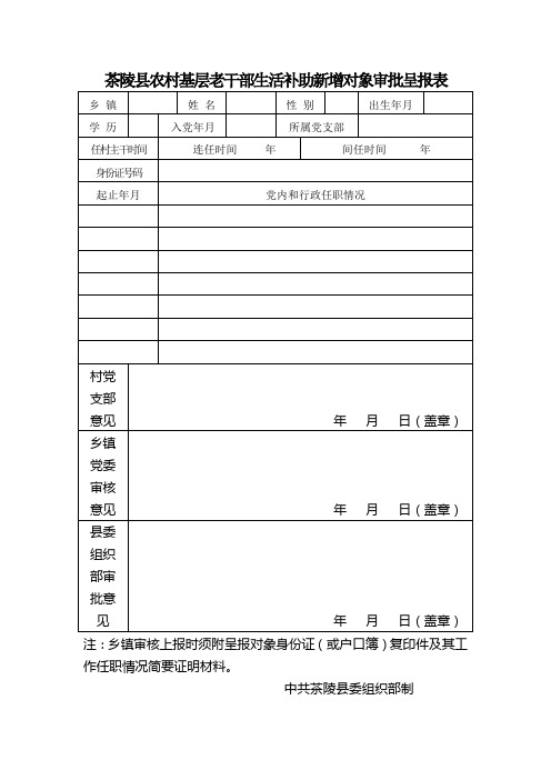 农村基层老干部享受生活补助对象呈报表