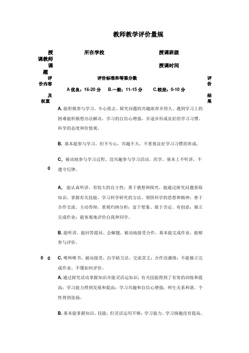 教学实施计划评价量规