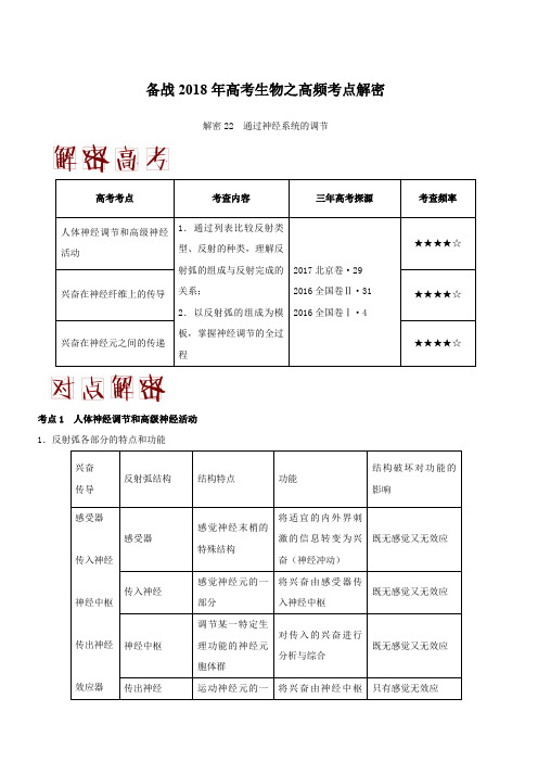 备战2018年高考生物之高频考点解密-解密22 通过神经系统的调节 含解析