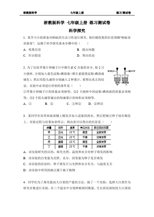 浙教版科学七年级上册科学探究练习测试卷(附答案)