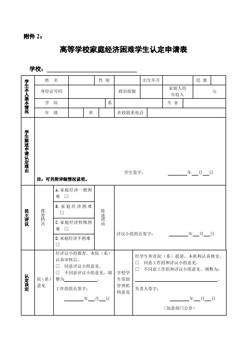 高等学校学生家庭经济困难认定申请表(学院认定表)