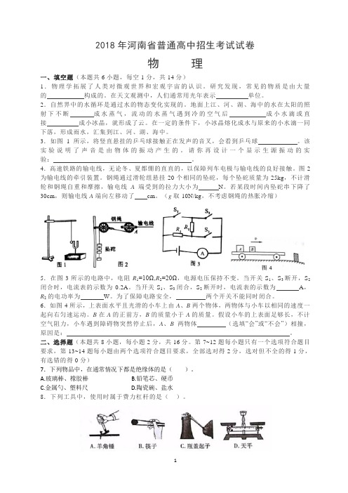 河南省2018年中考物理试题及答案  (word版)