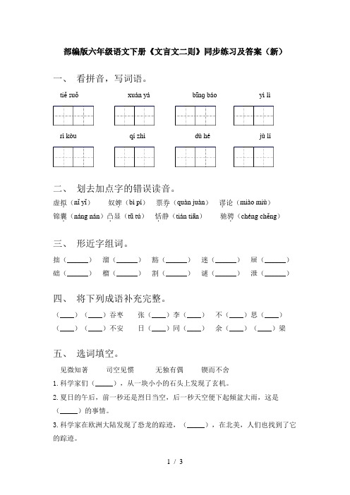 部编版六年级语文下册《文言文二则》同步练习及答案(新)