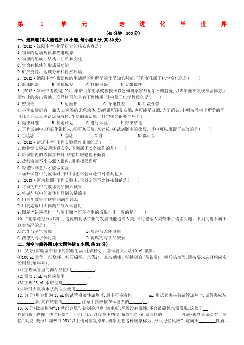 人教版九年级化学上册：第1单元《走进化学世界》单元综合检测题(含答案)