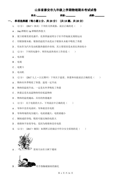 山东省泰安市九年级上学期物理期末考试试卷