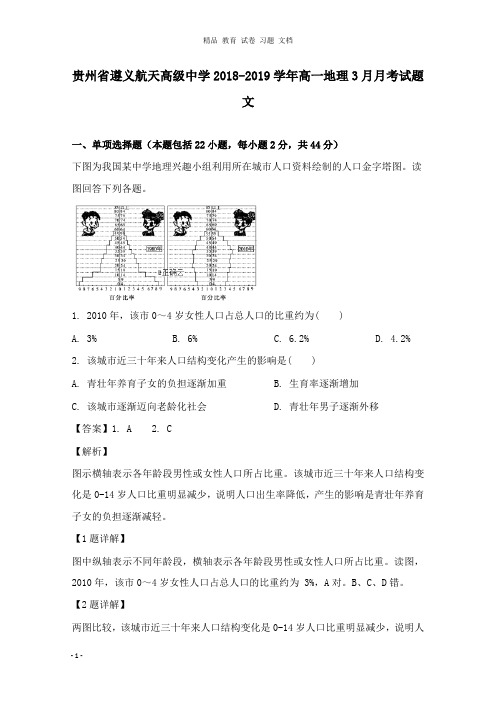 【精编文档】贵州省遵义航天高级中学2018-2019学年高一地理3月月考试卷文.doc