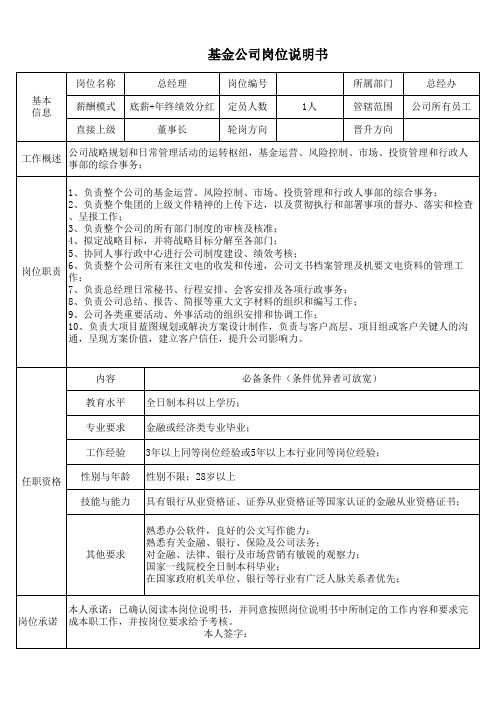 基金公司总经理岗位说明书