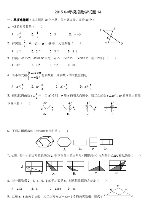 2015中考模拟数学试题14