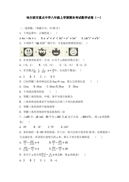 哈尔滨市重点中学八年级上学期期末考试数学试卷及答案(共五套)