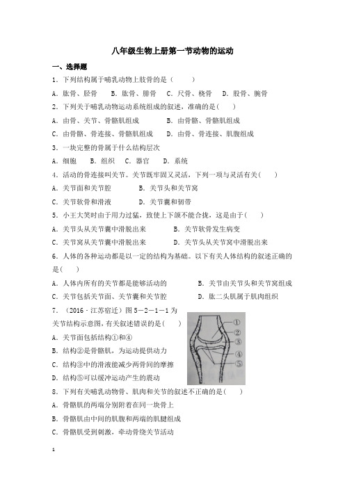 人教版八年级生物上册5.2.1动物的运动同步训练(含答案)