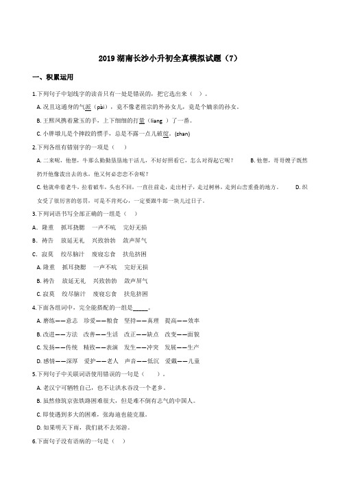 六年级下册语文试题 - 2019湖南长沙小升初全真模拟试题(7) 人教新课标 含答案