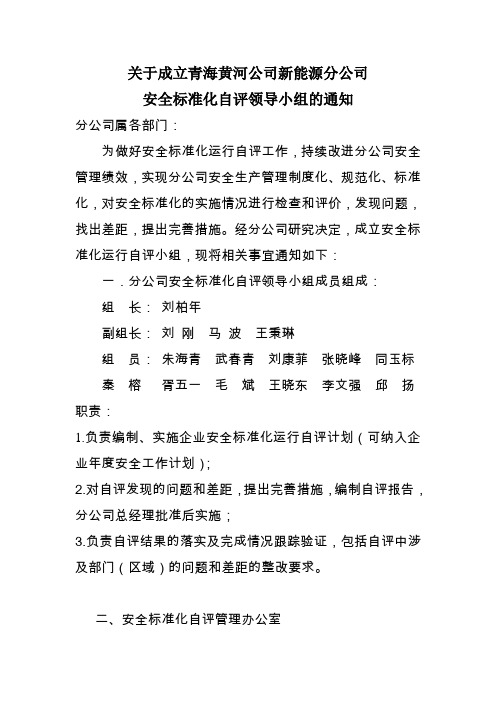 精品关于成立安全标准化自评领导小组的通知