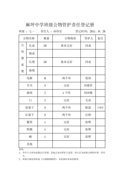 麻坪中学班级公物管护责任登记1