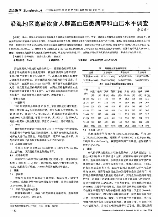 沿海地区高盐饮食人群高血压患病率和血压水平调查