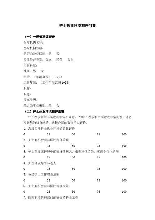护士护士执业环境测评量表
