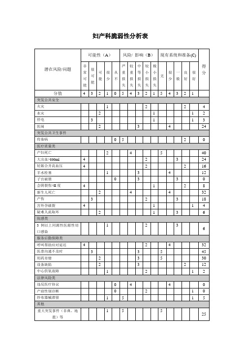 妇产科脆弱性分析表