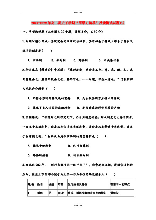 2021-2022年高二历史下学期“周学习清单”反馈测试试题(1)