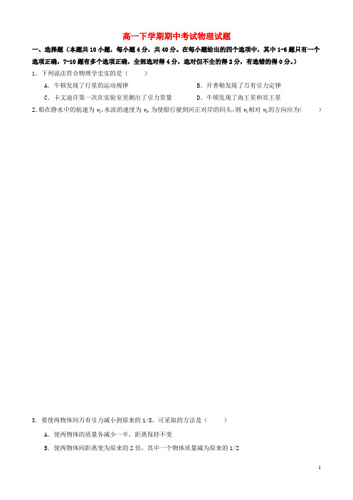 辽宁省开原市高级中学高一物理下学期期中试题