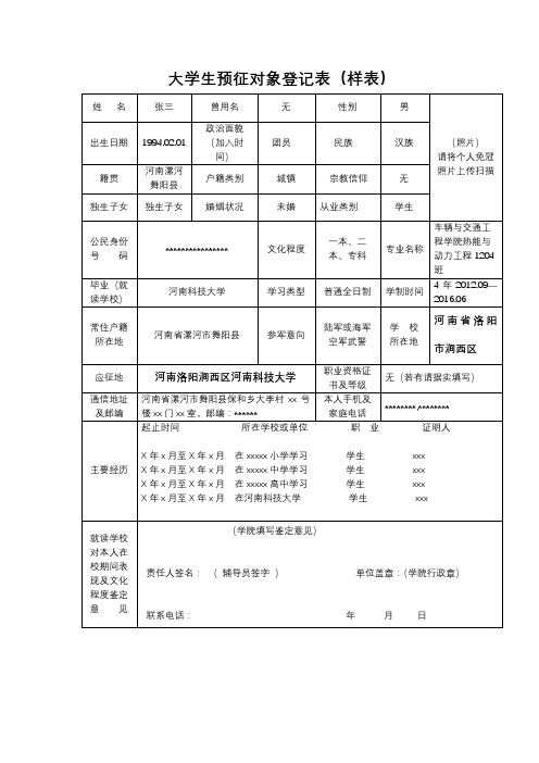 大学生预征对象登记表【模板】