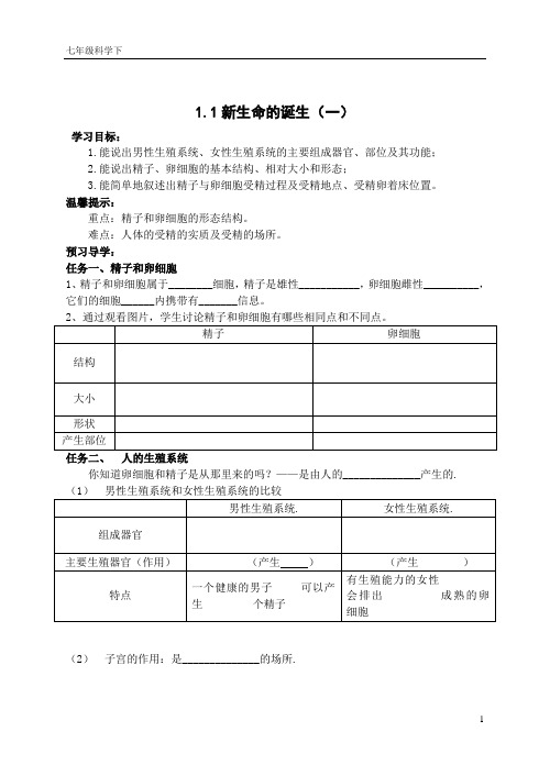 2020—2021学年浙教版七年级科学下册 1.1新生命的诞生(1)导学稿