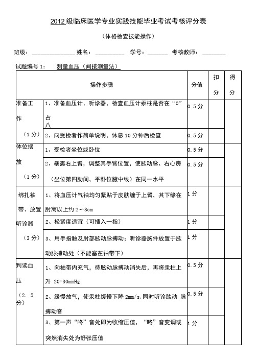 临床医学诊断体格检查技能操作考核评分表