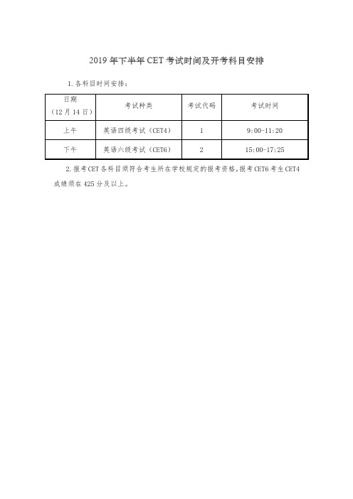 2019年下半年CET考试时间及开考科目安排